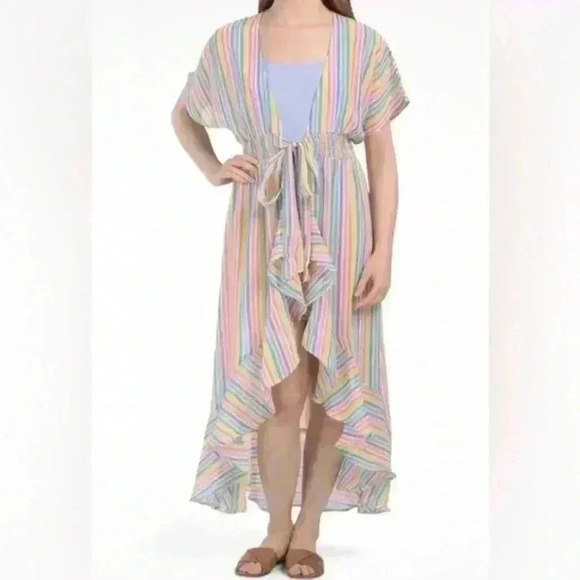 America & Beyond Rainbow Hi-lo Hem Ruffle Trim Cover-up Dress - Picture 1 of 7